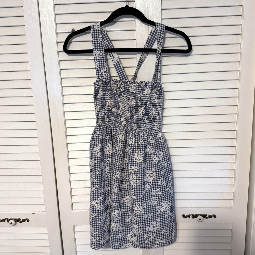 American Eagle Dress Smocked Gingham Floral XS Blue Womens Cottagecore Mini